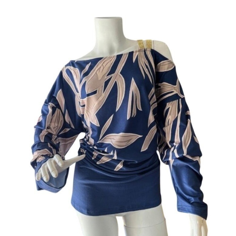 NWT JustFashionNow Women's‎ Navy/Blue Tan Leaf Print Cold Shoulder Blouse MEDIUM